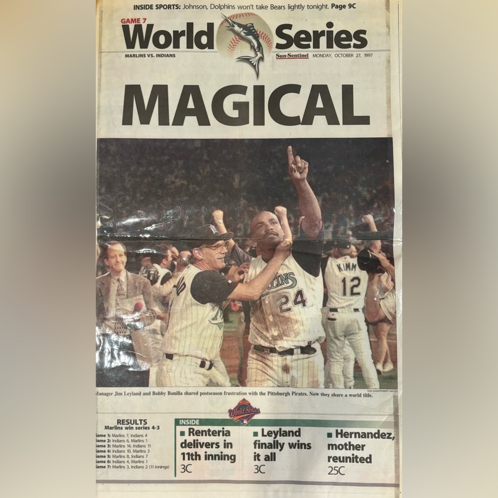 Sun Sentinel October 27,1997 front cover Florida marlins World Series champions